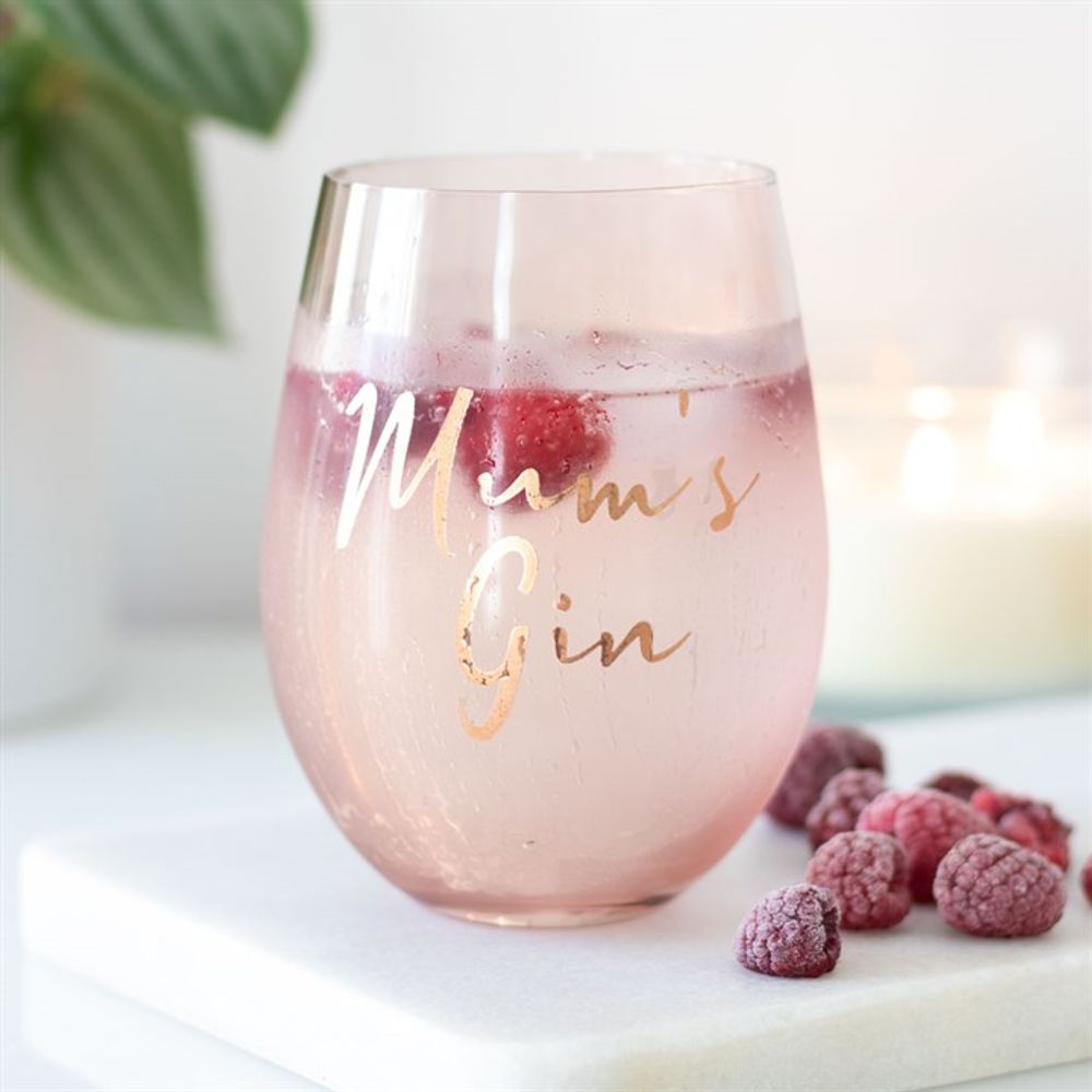 Close-up of the sleek design and pink tint of the stemless gin glass, dedicated to Mum.
