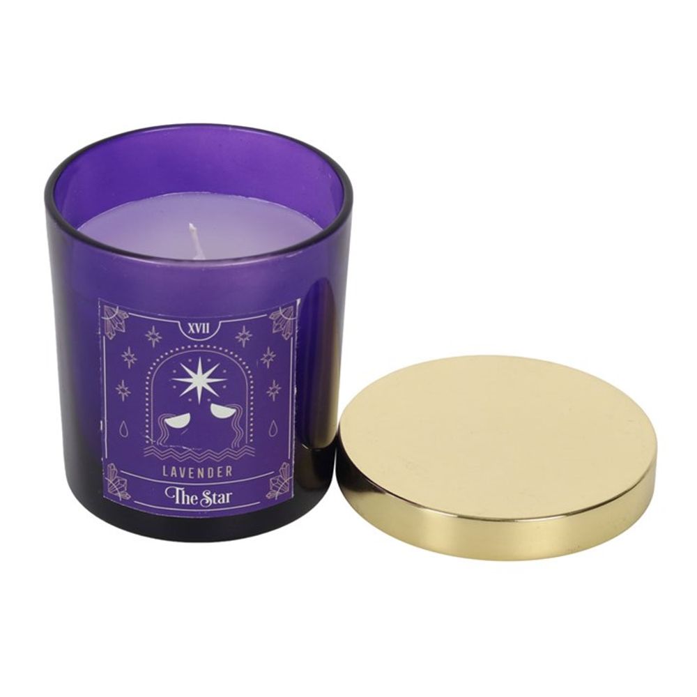 KeiCo's Lavender Scented Tarot Candle in a purple glass jar, radiating serenity and spiritual energy.