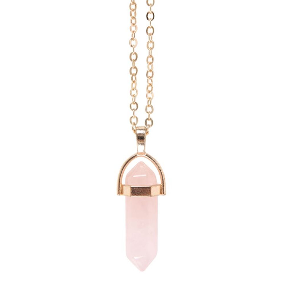 Close-up of the radiant semi-precious rose quartz pendant, a symbol of love and compassion.