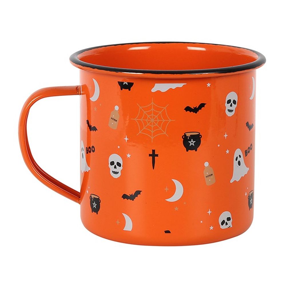 Vintage-style enamel mug with Halloween motif.