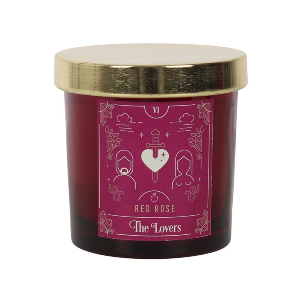 KeiCo's Red Rose Scented Tarot Candle with the intricate Lovers tarot design, exuding mystique and romantic allure.