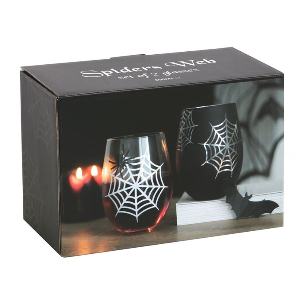 KeiCo's Spider and Web Stemless Wine Glasses within a luxury gift box. 