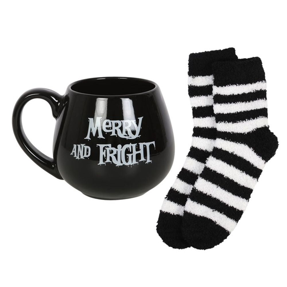 Close-up of the 'Merry and Fright' text on the black mug, echoing the season's spooky spirit.