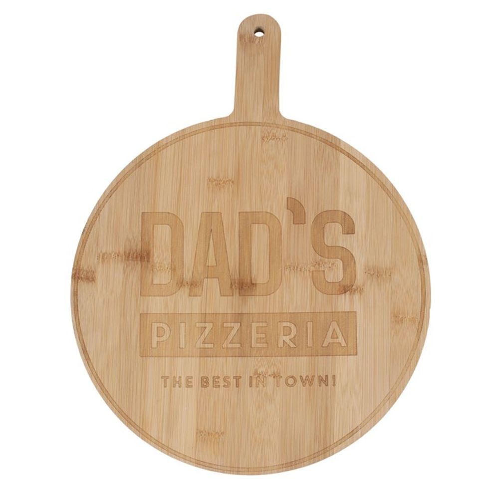 Stylish wooden pizza board inscribed with 'Dad's Pizzeria - The Best in Town'.