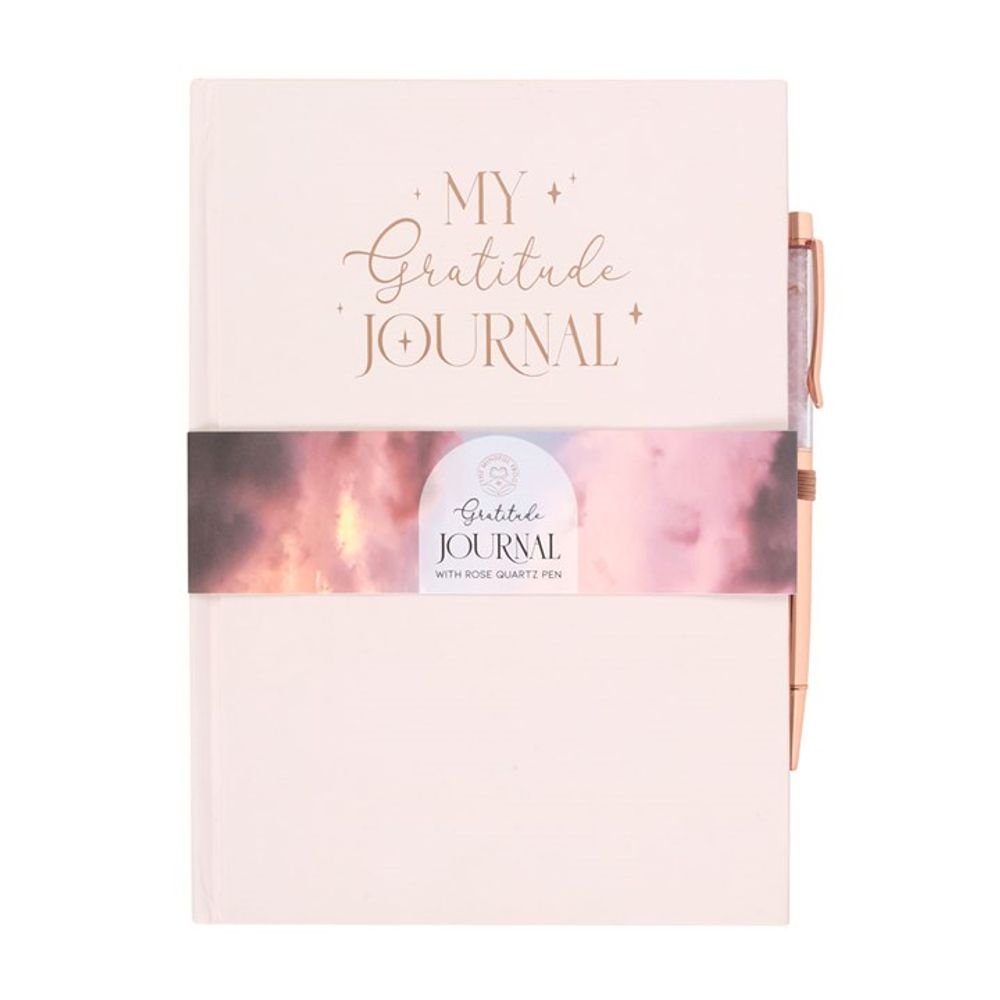 Elegant Gratitude Journal with matching Rose Quartz Chip Ballpoint Pen.