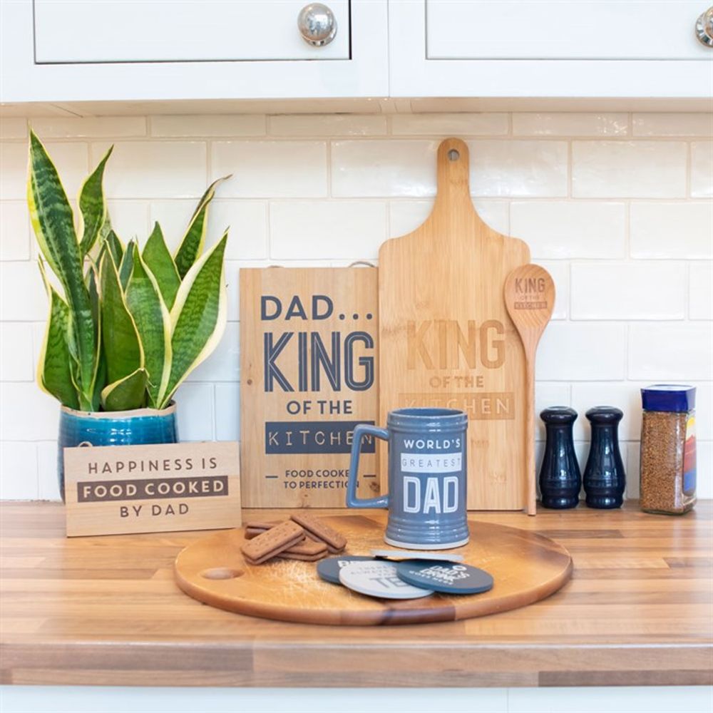 Elegantly presented 'King of the Kitchen' bamboo chopping board, ready for gifting with dimensions H19cm x W46cm x D1.4cm.
