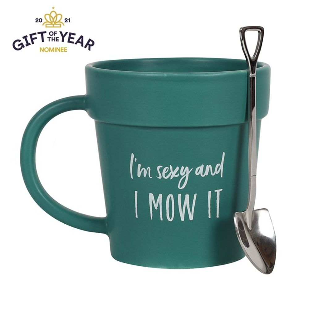 Ceramic mug designed as a plant pot with a shovel spoon, displaying the cheeky text 'I'm Sexy and I Mow It'.