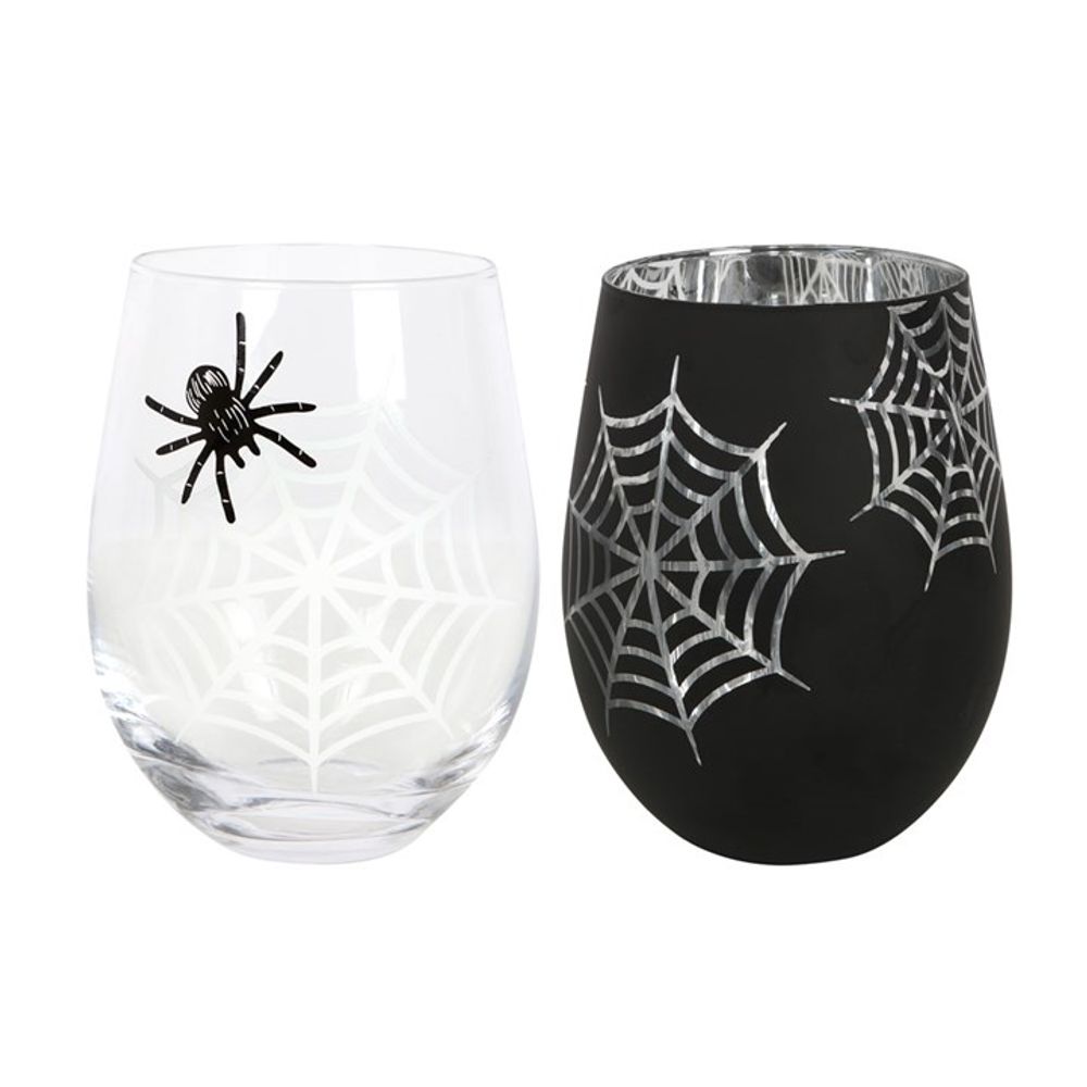 Close-up of the clear wine glass detailing the intricate spider and its web design.